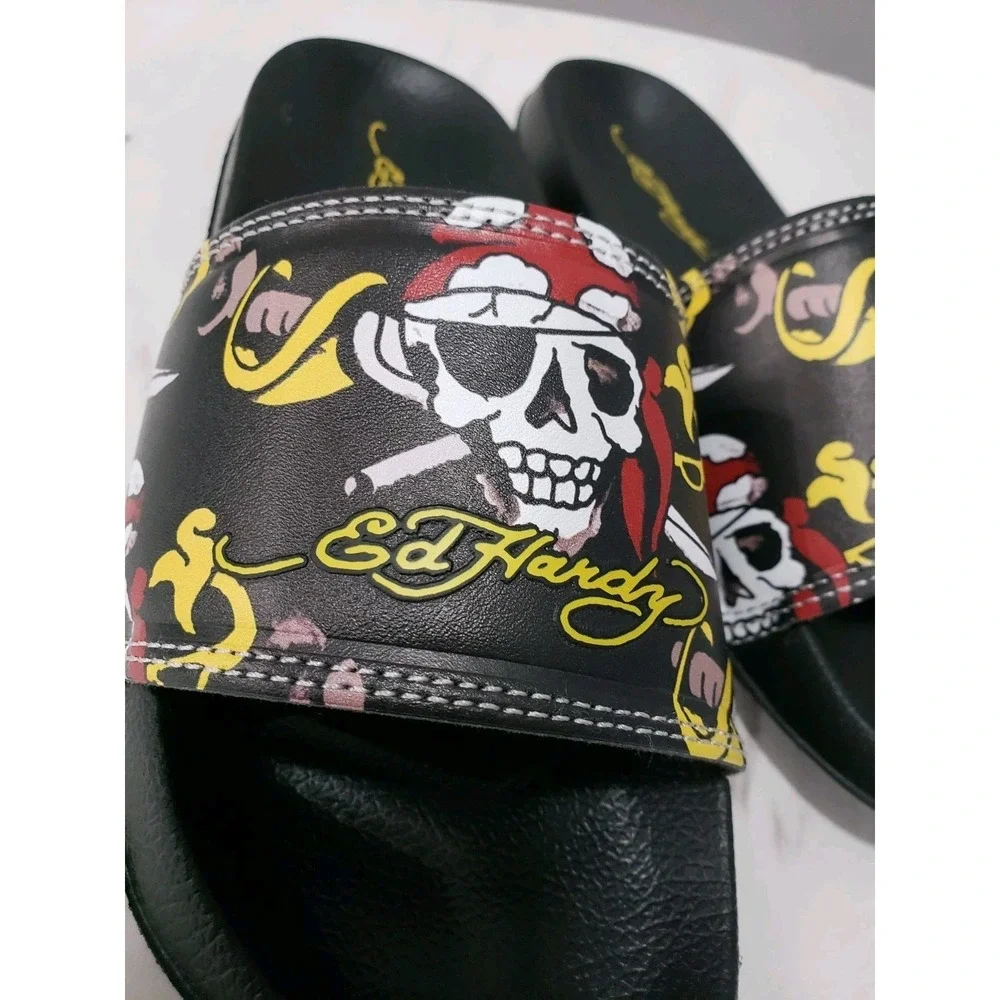 NEW SIZE 12 Ed Hardy Youth Kids Slides flip-Flops Black Pirate Slip On‎ sandals